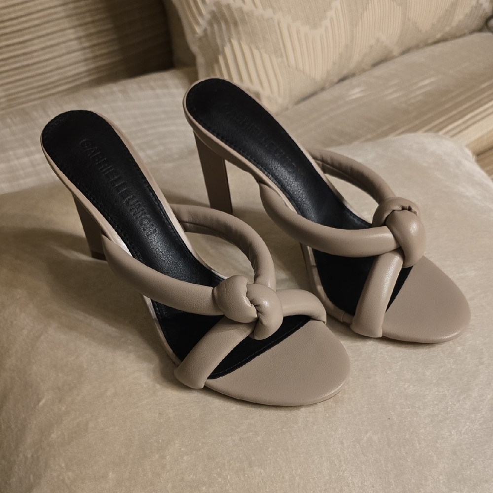 GABRIELLEUNION Tan Heeled Mules with Architectural V-Cut